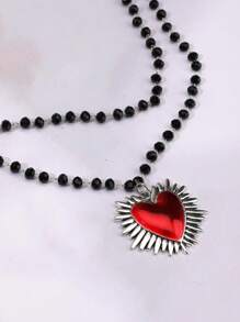2 件套 Ins 风格个性化嘻哈波西米亚风爱心吊坠项链水晶串珠女士项链心形项链哥特式项链 - 黑色 - 查看 3