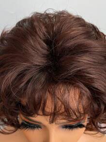 女性合成假髮棕色短卷曲帶有劉海,適合日常穿著
