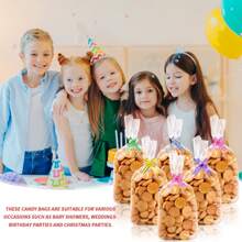 50入組20 X 30 厘米/15 X 25 厘米透明玻璃紙糖果袋,帶有50条色彩斑斓的拉結緞帶,可再封口的平整opp透明禮物包裝袋,適用於糖果、餅乾、甜點、爆米花等食品的包裝 - 透明15 x 25 cm - 查看 8