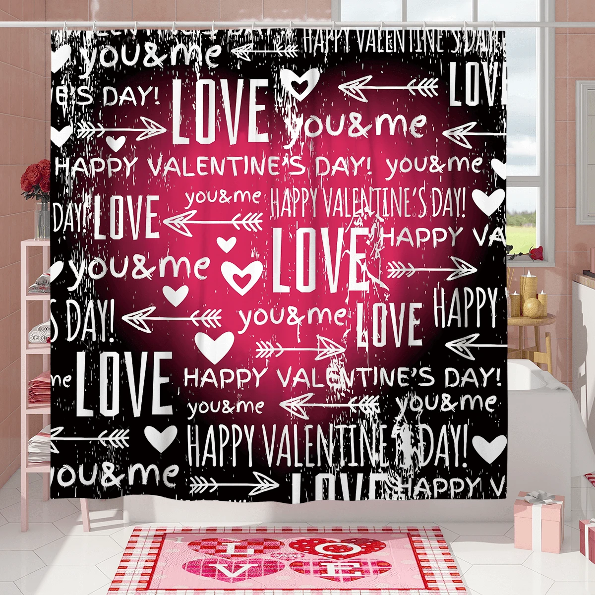 1入組『情人節快樂』文字愛情黑粉色淋浴簾,情人節涼爽女孩風格聚酯纖維182x182cm/72寸x72寸防水淋浴簾,配有12個掛鉤,適用於情人節浴缸裝飾 - 黑粉 - 查看 1
