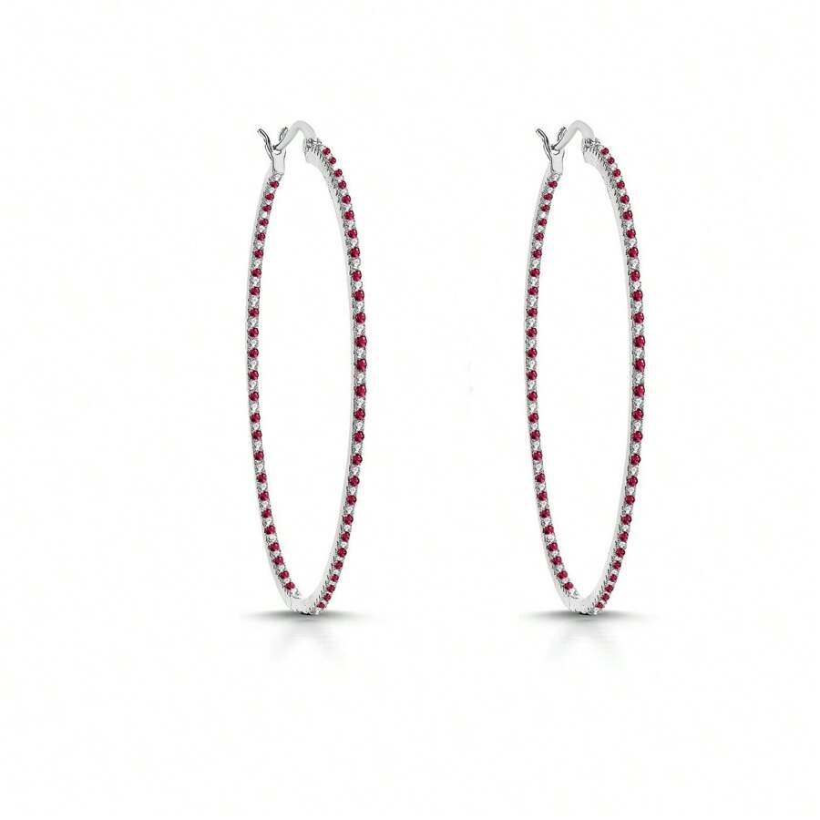Elegant CZ & Ruby Hoop Earrings - Đỏ - Xem 1