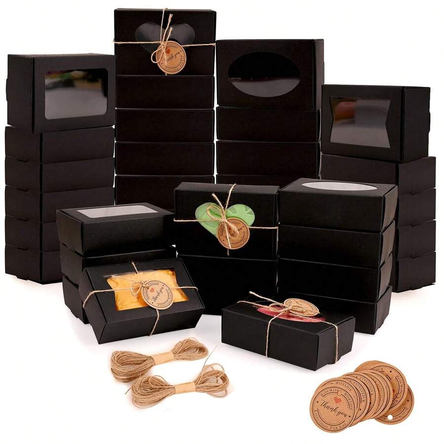 16入組裝手工皂專用的肥皂盒,3.54 X 2.36 X 1.18英寸帶窗口的卡芙特皂盒,供應迷你卡芙特帶窗口的皂盒,適用於手工皂,糖果,巧克力,糕點,餅乾,肥皂包裝-黑色 - 黑色16件 - 查看 1