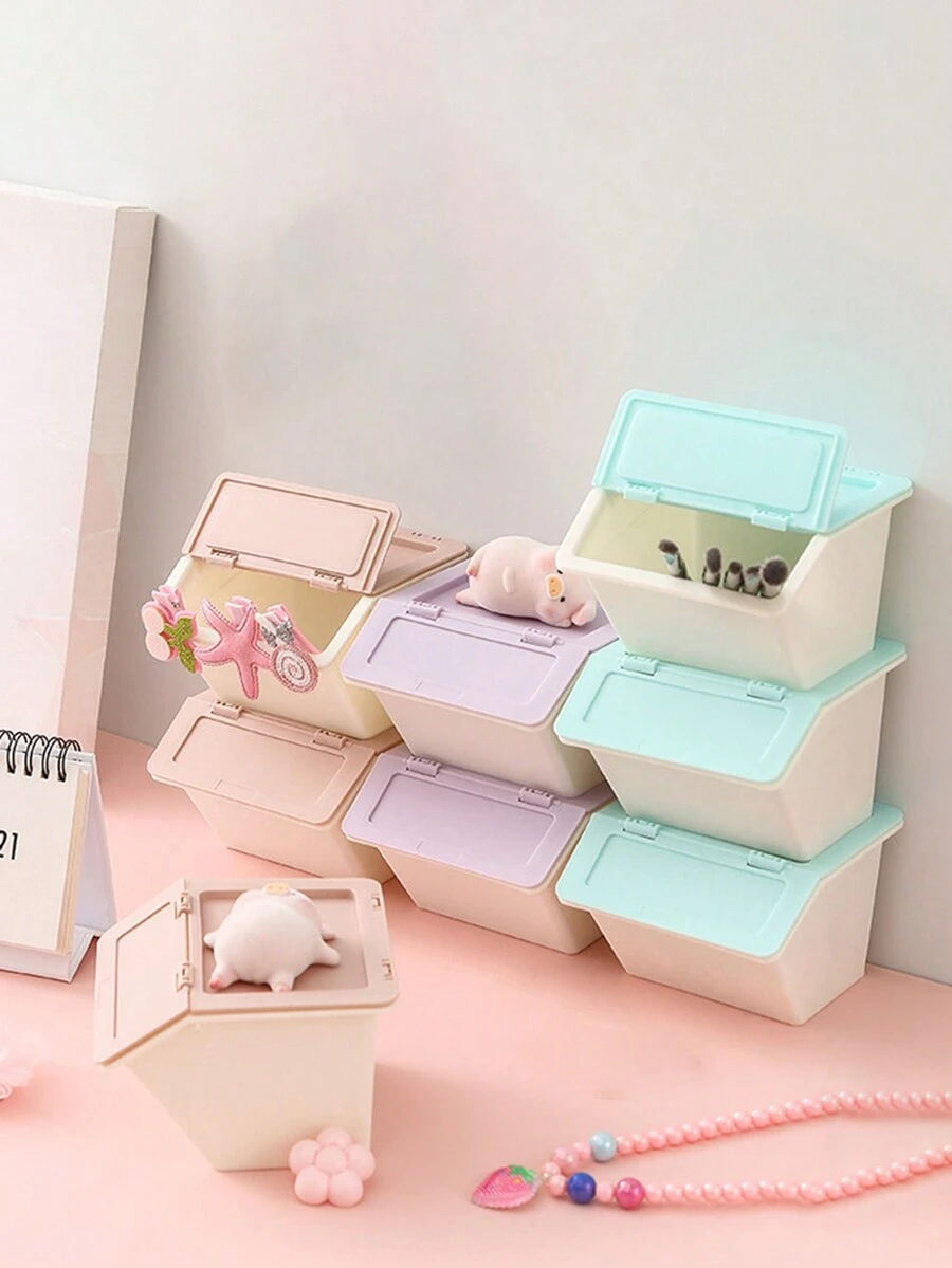 1pc Japanese & Korean Style Lovely Mini Desk Storage Organizer, Pink Storage Bucket For Students - Green - View 1