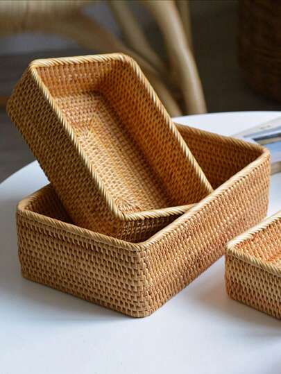 1入/3入手編柳條水果籃，方形托盤麵包籃，裝飾性盛器，適用於客廳桌面廚房櫃枱裝飾和收納