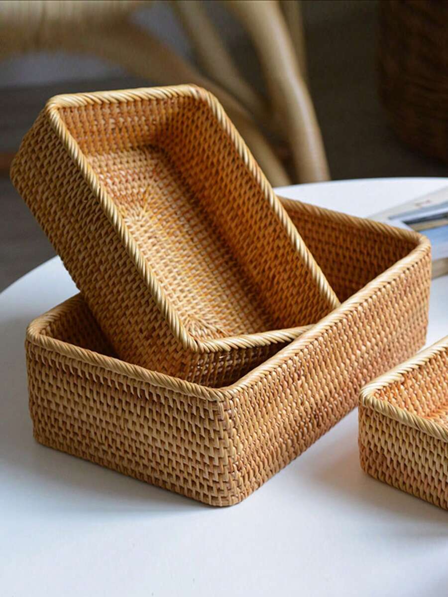 1/3 Giỏ Trái Cây Đan Bằng Tay, Khay Vuông Giỏ Bánh Mì, Giỏ Phục Vụ Trang Trí, Cho Bàn Phòng Khách Quầy Bếp Trang Trí Và Lưu Trữ Nhà Trang Trại - Màu be - Xem 1