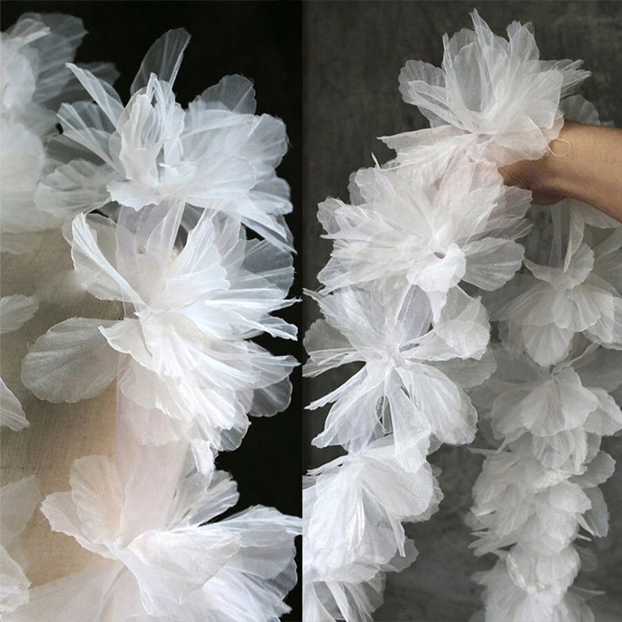 5 cái/bộ 3D Biến đổi dần Thủ công Đàn organza Hoa Với Ren Phụ Kiện Quần Áo DIY Trang trí Hoa Chất vải Hình dán Patch - trắng - Xem 1