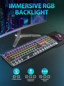 Taiahiro 機械遊戲鍵盤,滑鼠和滑鼠墊組合,打字機風格機械遊戲鍵盤,帶有 Rgb 背光的黑色復古朋克遊戲鍵盤,104 鍵藍色開關有線可愛鍵盤,適用於 Windows//pc 的圓形鍵帽 - 黑色 - 查看 7