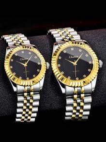 2 piezas/Set Relojes de cuarzo de acero minimalistas de moda para hombre y mujer con correa intercambiable como regalo para estudiantes que regresan a la escuela - Negro - Ver 3