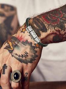 1pc Unique Leather Bracelet For Women Men Custom 1-10 Names Engraved Bracelets Customized Women Men Braided Leather Bracelets Gift For Mother Father Husband Wife Boyfriends Girlfriends Grandpa Grandma Birthdays Holidays Christmas Black Stylish, Vintage, Contracted, Simple, Unisex, Punk, Fall Fashion, Old Money Custom, Personalized - Silver - View 5