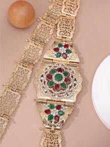 1個中空水晶花形金屬腰鏈,摩洛哥風格婚禮新娘裙腰帶,花瓣設計＆全鑽飾,可調節長度,身體珠寶 - 金色 - 查看 9