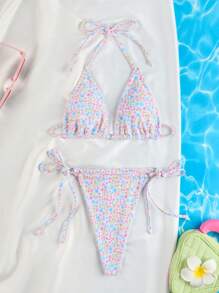 2pcs Ditsy Floral Triangle Bikini Set For Beach Vacation, Including Print Tie Bra And Swim Briefs Summer - Multicolor - View 2