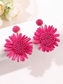 1Pair Bohemia Handmade Weave Sun Flower Raffia Earrings For Women Girl Holiday Party Jewelry - Hot Pink - View 7