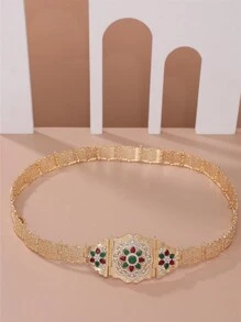 1個中空水晶花形金屬腰鏈,摩洛哥風格婚禮新娘裙腰帶,花瓣設計＆全鑽飾,可調節長度,身體珠寶 - 金色 - 查看 7