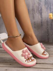 New Arrival Cute Cartoon Flower Pattern Thick-Soled Anti-Slip Bathroom Shower Slippers Soft Bottom Sandals For Beach - Pink - View 4