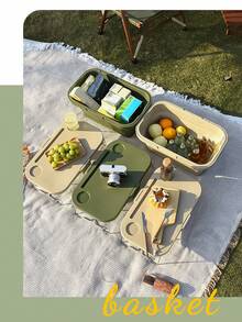 1pc大容量野餐籃 - 便攜式提籃 - 戶外春遊野餐帶蓋 - 可折疊籃 - 彩色 - 查看 7