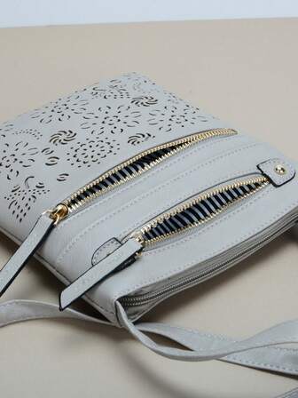 Vintage Hollow Out Crossbody Bag For Women, Double Zipper Casual Square Shoulder Bag