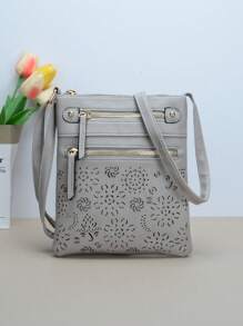 حقيبة كتف مربعة التفاصيل بتصميم عتيق للنساء، مزدوجة السوستة للاستخدام اليومي