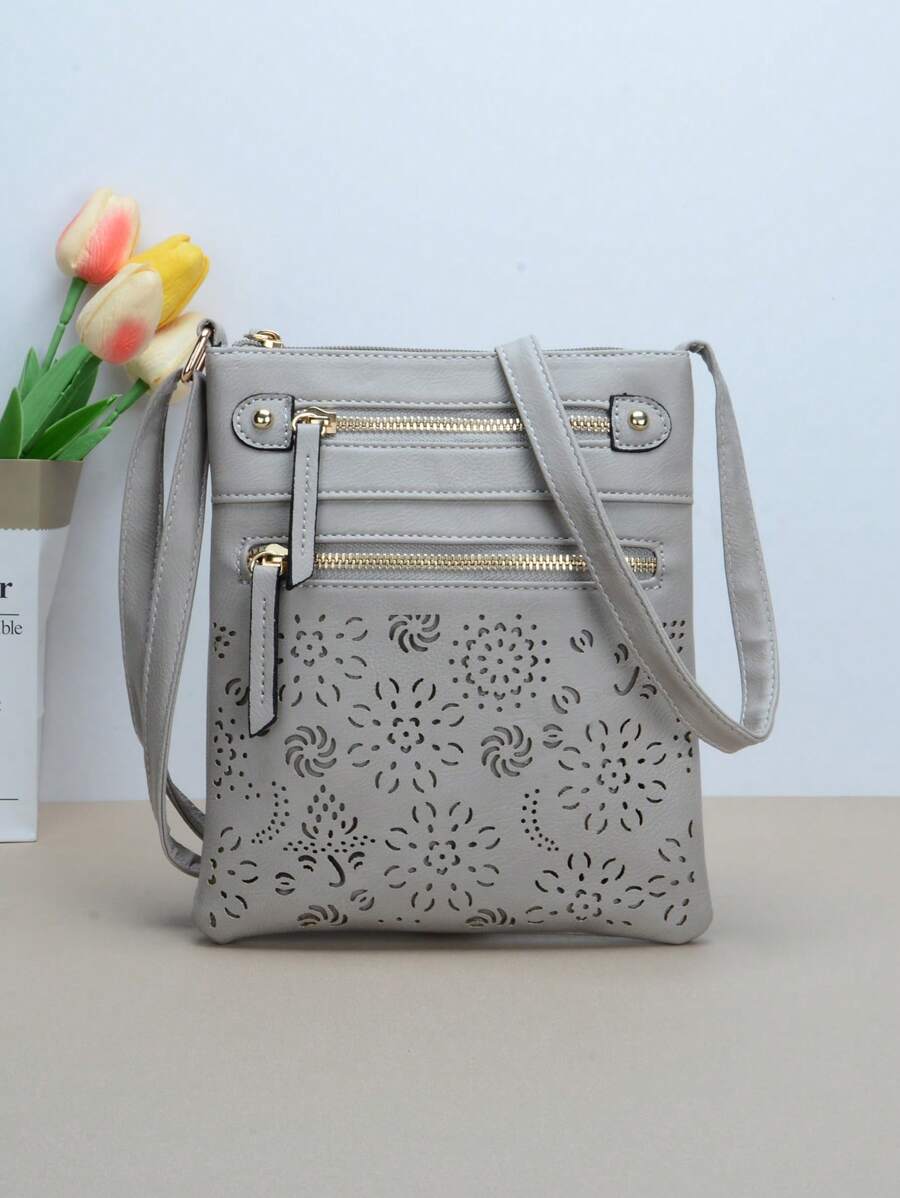 حقيبة كتف مربعة التفاصيل بتصميم عتيق للنساء، مزدوجة السوستة للاستخدام اليومي