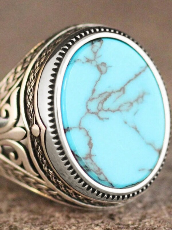 Bague Vintage Incrustée De Turquoise En Forme D'œuf, Design Rétro Sur Le Cadre Assorti Aux Tenues Quotidiennes, Accessoire De Fête, Bijoux De Luxe