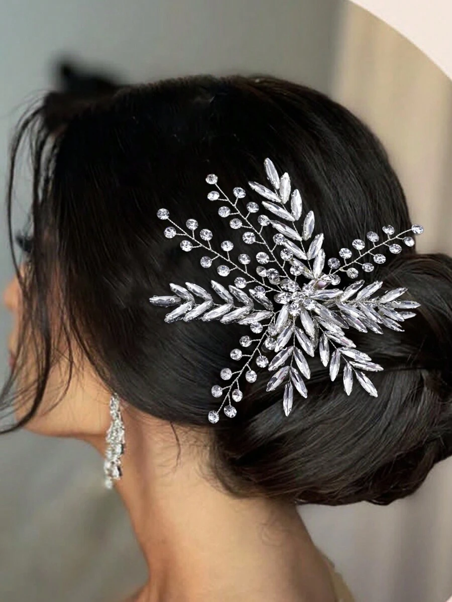 1件手工製作的銀色新娘髮飾,裝飾著鑽石,適用於婚禮、派對等場合 - 銀色 - 查看 1