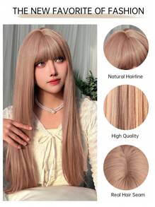 Black Long Straight Wigs For Women, Natural Black Synthetic Wigs With Bangs, Elegant Beautiful Natural Looking Heat Resistant Synthetic Wig Daily Party Use - 香檳色 - 查看 6