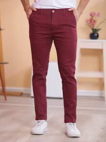 Men Jeans - 酒紅色 - 查看 3