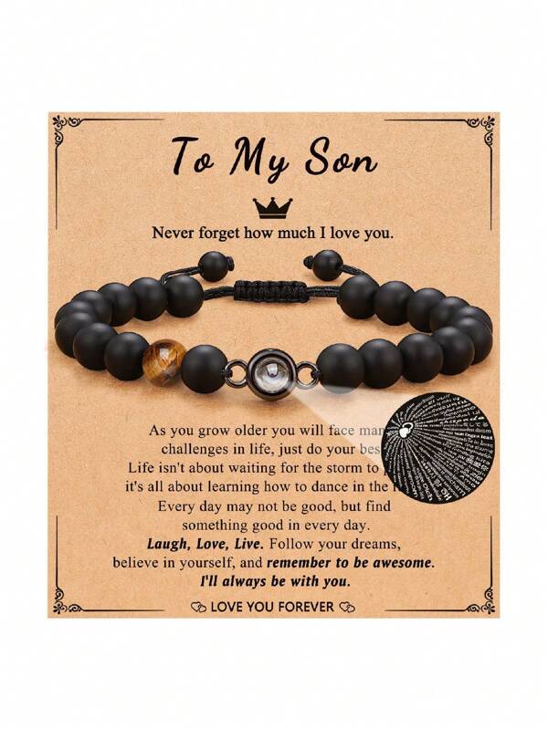 1 Peça Pulseira De Pedra De Projeção De 100 Idiomas 'eu Te Amo' Com Cartão, Pulseira Preta Fosca De Olho De Tigre Ajustável Feita À Mão, Adequado Para Amigos E Familiares Como Presente