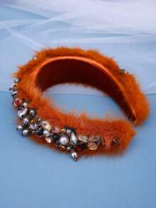 1條女士優雅閃耀的水晶頭帶,公主與皇后咖啡色珍珠頭飾,貴族配件,適用於日常和冬季,有毛皮裝飾 - 咖啡 - 查看 4