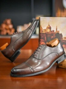 男士牛津皮鞋商务鞋系带经典百搭圆头正装鞋三带男士皮鞋增高英伦风绅士牛津鞋适合会议和婚礼 - 鏽棕色 - 查看 6