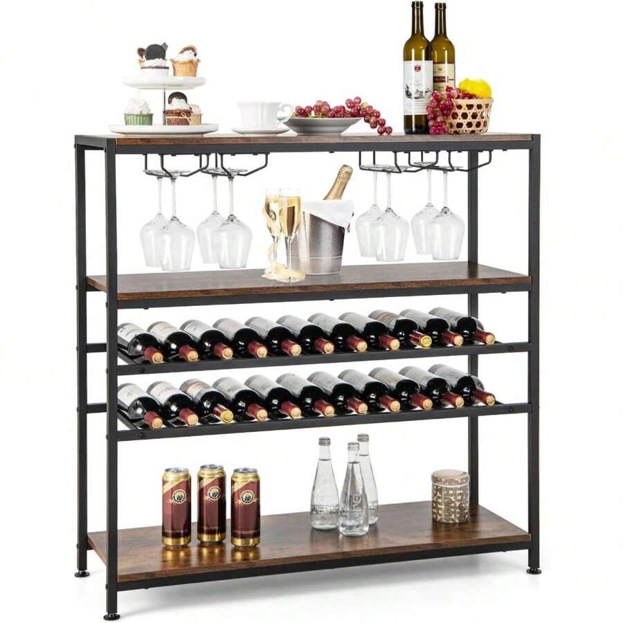 5-Tier Wine Rack For 22 Bottles, Freestanding Bottle Rack With Glass Holder, Table Top Display Rack Vintage For Kitchen, Dining Room & Bar - Brown - View 1