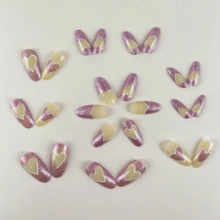 24 件/套【+果凍膠+指甲銼】中長杏仁形粉紅色閃光和閃閃發光的心形圖案情人節美甲設計裝飾,適合女士和女孩日常穿著。全覆蓋假指甲 - 彩色 - 查看 3