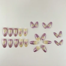 24 件/套【+果凍膠+指甲銼】中長杏仁形粉紅色閃光和閃閃發光的心形圖案情人節美甲設計裝飾,適合女士和女孩日常穿著。全覆蓋假指甲 - 彩色 - 查看 2