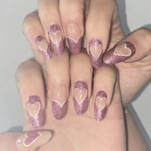 24 件/套【+果凍膠+指甲銼】中長杏仁形粉紅色閃光和閃閃發光的心形圖案情人節美甲設計裝飾,適合女士和女孩日常穿著。全覆蓋假指甲 - 彩色 - 查看 1