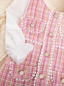 Young Girl Elegant Buttoned Plaid Dress With Ruffle Sleeves, Spring & Autumn - Pink - View 5