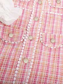 Young Girl Elegant Buttoned Plaid Dress With Ruffle Sleeves, Spring & Autumn - Pink - View 4