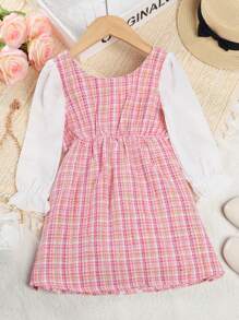 Young Girl Elegant Buttoned Plaid Dress With Ruffle Sleeves, Spring & Autumn - Pink - View 2