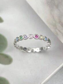 Stylever 1pc Colorful Heart Shaped cubic zirconia Ring Ladies Jewelry For Women s925 Sterling Silver Elegant Romantic Ring Fine Jewelry Gift For Girls Dating Decor - Silver - View 1