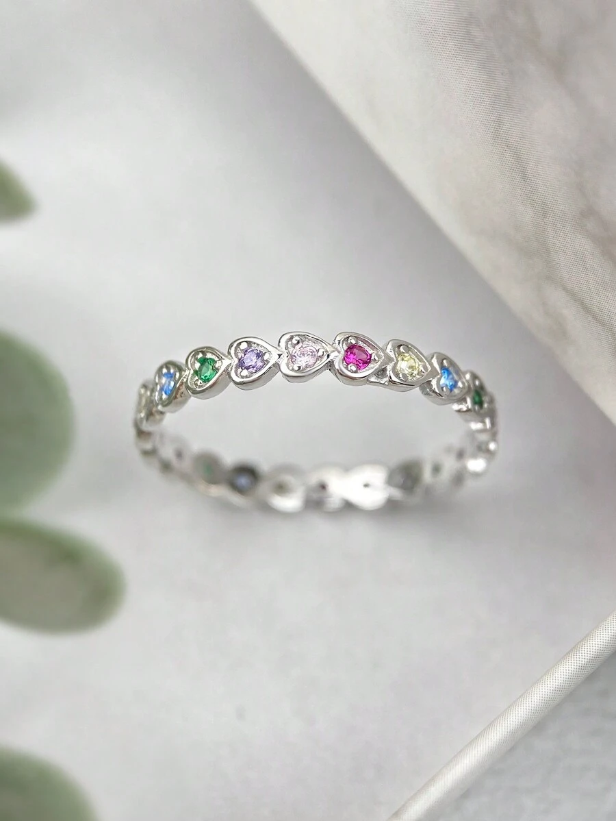 Stylever 1pc Colorful Heart Shaped cubic zirconia Ring Ladies Jewelry For Women s925 Sterling Silver Elegant Romantic Ring Fine Jewelry Gift For Girls Dating Decor - Silver - View 1