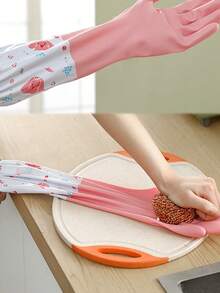 1Pair Reusable Long Dishwashing Cleaning Gloves -  Rubber Protection Gloves For Cleaning - Pink - View 4