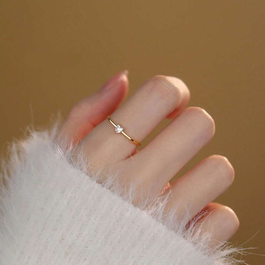 1pc Simple And Fashionable Heart Shaped Multi-Colored Cubic Zirconia S925 Sterling Silver Open Ring, Golden Color, Suitable For Women's Daily Wear - Heart Shaped Ring - View 1