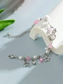 1 件甜美酷炫 Y2k 風格透明金屬串珠手鍊,帶有星星和心形吊飾,適合女性日常佩戴 - 彩色 - 查看 4