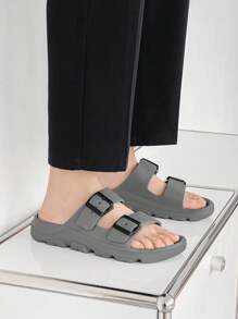 1pair Men's Soft & Comfortable Double Buckle Slip-On Sandals With Open Toe - Grey - View 5
