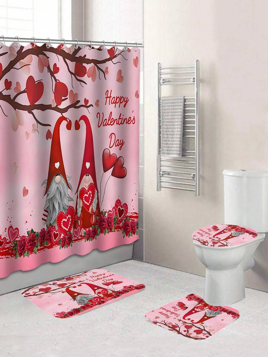 1入情人節主題小人和心形淋浴簾或馬桶墊和4入浴室地墊組,附12個淋浴簾掛鉤的防水浴室配件 - 彩色 - 查看 1