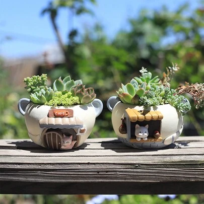 1pc Creative Cartoon Cute Pet Shaped Resin Flower Pot, Mini Landscape Gardening Planter For Office And Balcony Decoration
