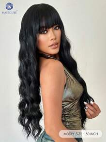 30 英寸黑色假发长卷波浪假发，浪漫美丽的合成假发，带刘海假发，适合日常生活和派对。 - 黑色 - 查看 6
