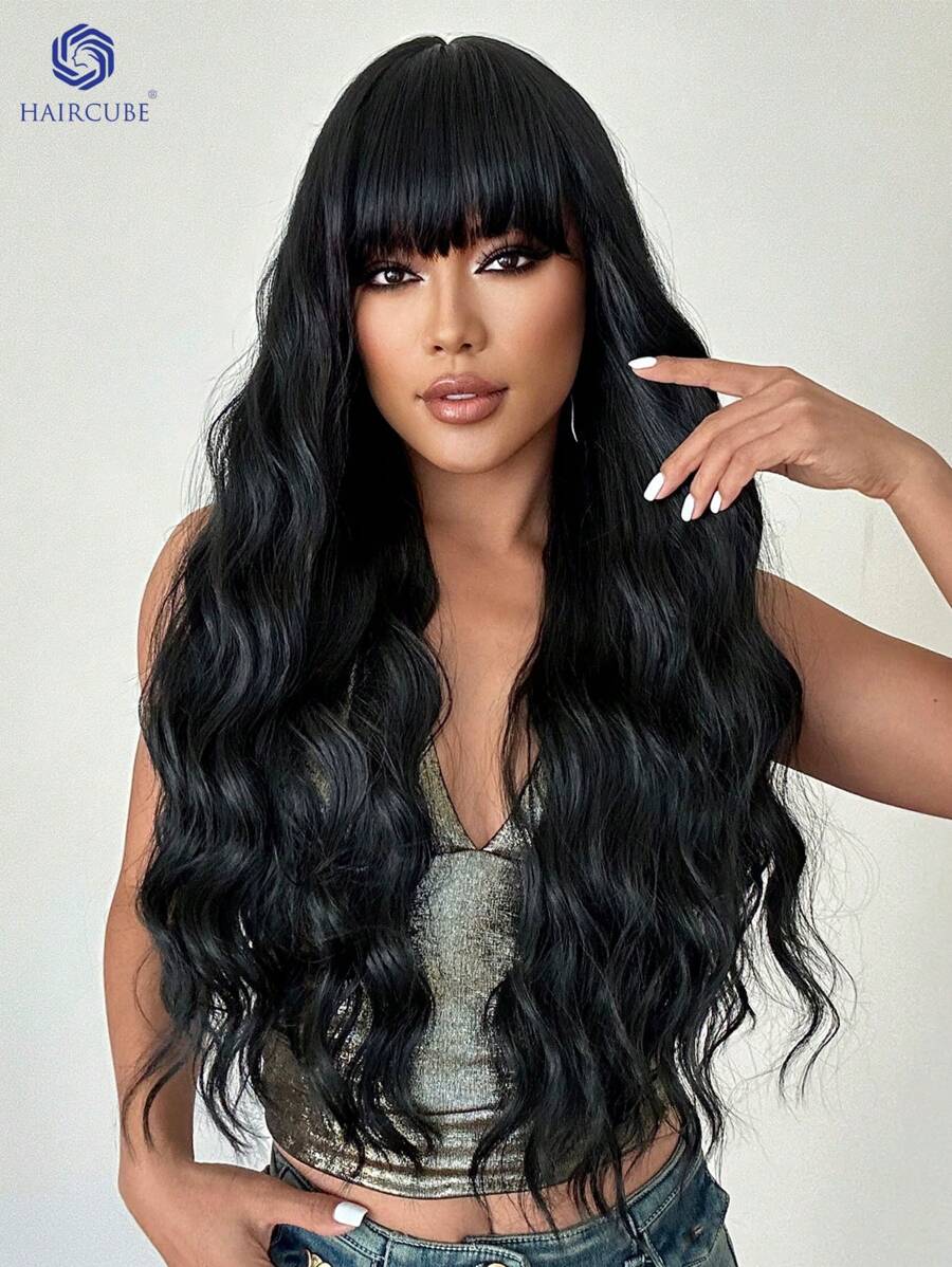 30 "Black Wig Long Curly Wavy Wig, Romantic Beautiful Synthetic Hair Wig With Fringe Wig For Everyday Life And Parties. - màu đen - Xem 1