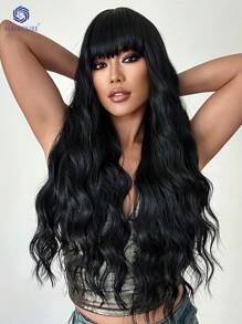 30 "Black Wig Long Curly Wavy Wig, Romantic Beautiful Synthetic Hair Wig With Fringe Wig For Everyday Life And Parties. - màu đen - Xem 5