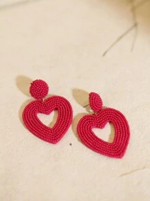 Handmade Dark Magenta Seed Bead Heart Shape Hollow Out Design Bridesmaid Earrings, Valentine's Day Gift, Holiday Party, Mother's Day Gift - Dark Rose Red Hollow Heart - View 8