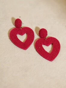 Handmade Dark Magenta Seed Bead Heart Shape Hollow Out Design Bridesmaid Earrings, Valentine's Day Gift, Holiday Party, Mother's Day Gift - Dark Rose Red Hollow Heart - View 3
