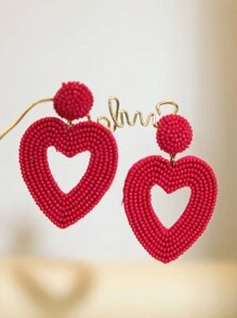 Handmade Dark Magenta Seed Bead Heart Shape Hollow Out Design Bridesmaid Earrings, Valentine's Day Gift, Holiday Party, Mother's Day Gift - Dark Rose Red Hollow Heart - View 7